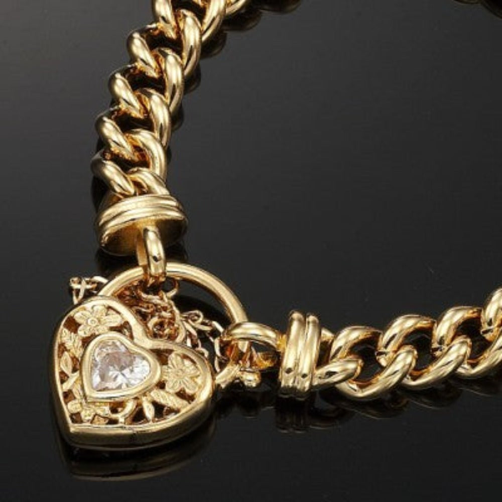 18ct Heavy Yellow Gold Plated Euro Chain Bracelet with a Filigree Locket Featuring a Simulated Diamond - USA Made-4